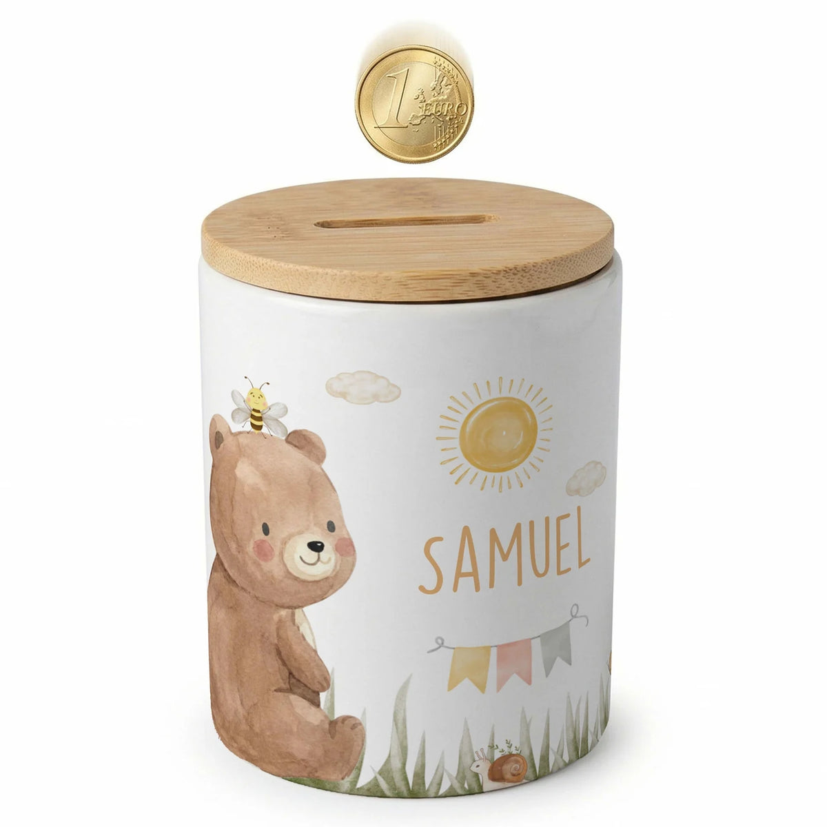 Personalisierte Spardose BĂ€r Sommer â Keramik & Bambus mit Wunschname