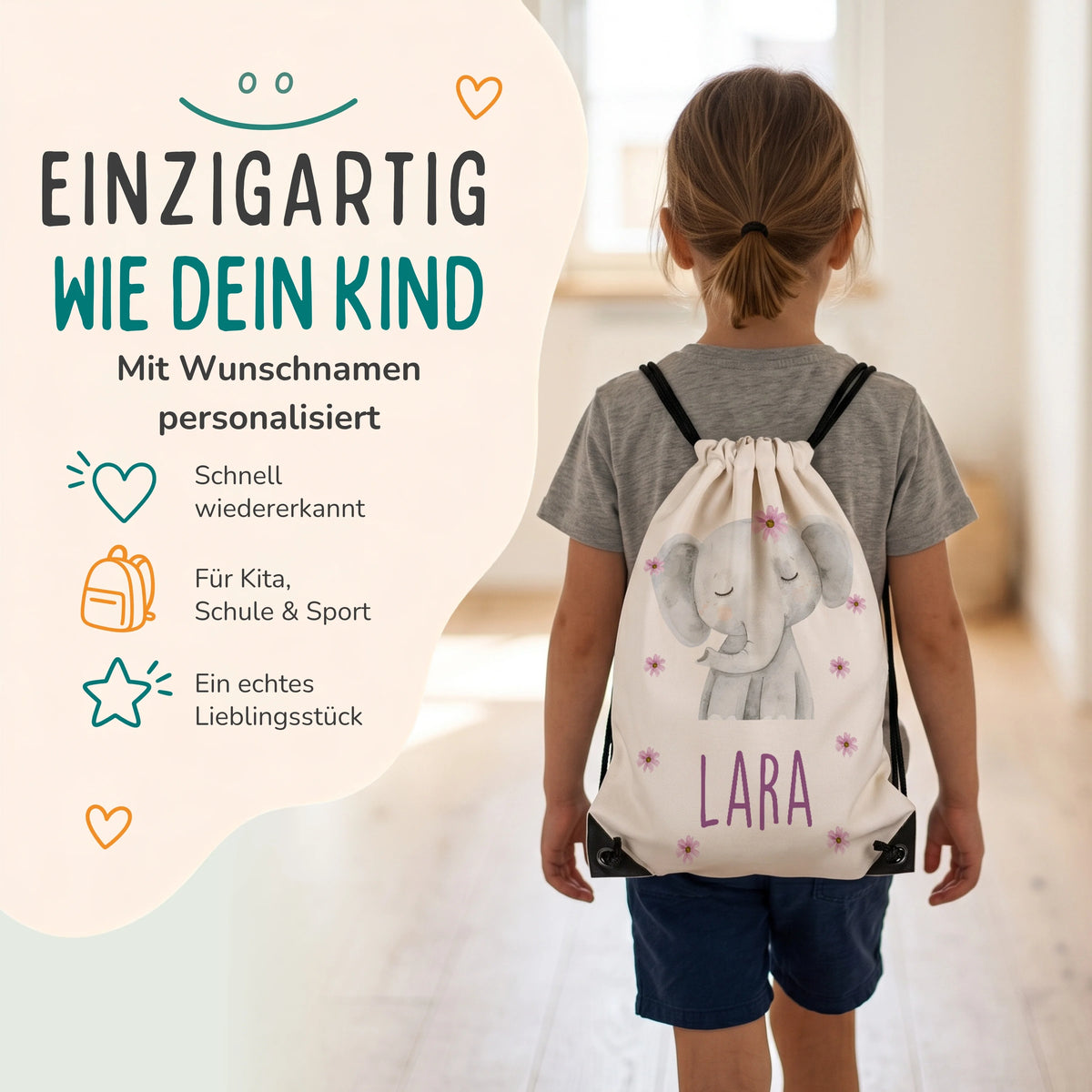 Personalisierter Turnbeutel Elefant mit Blüten, Kind trägt den Beutel auf dem Rücken