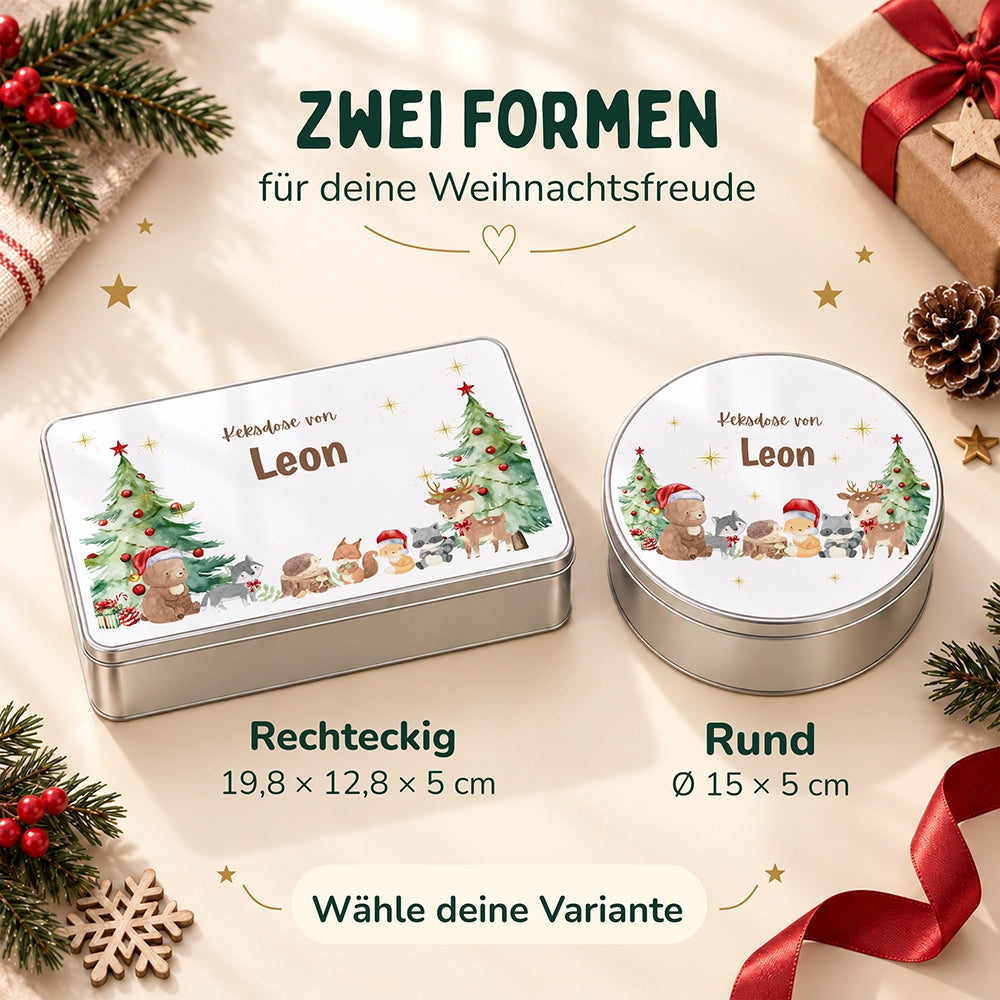 Keksdose aus Metall personalisiert - Weihnachtliche Waldtiere