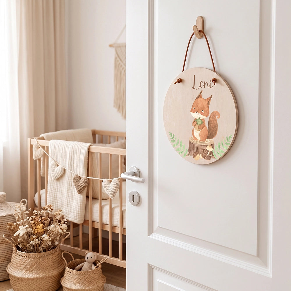 Türschild Kinderzimmer personalisiert mit Name Eichhörnchen im Wald
