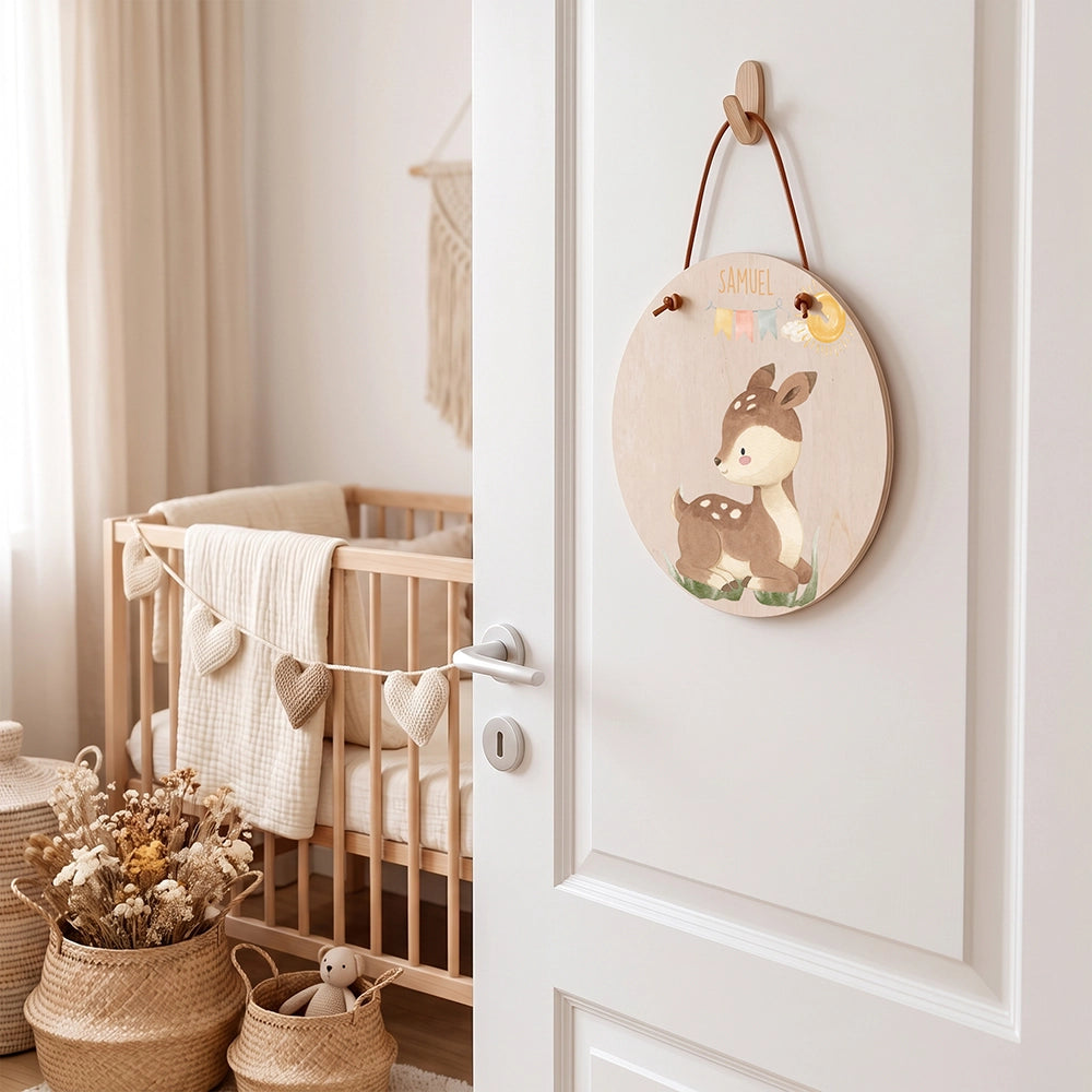 Türschild Kinderzimmer personalisiert mit Name Reh mit Wimpelkette