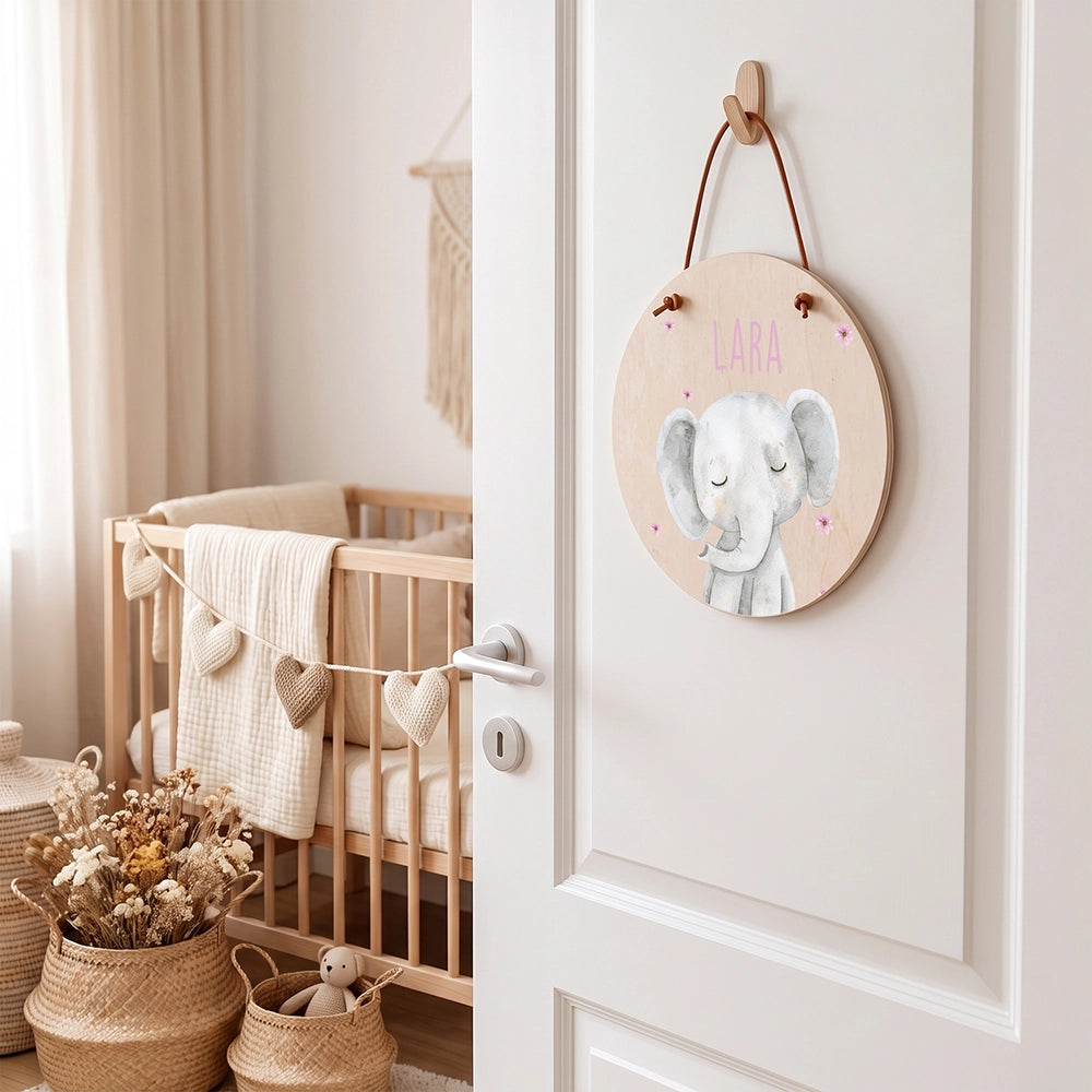 Türschild Kinderzimmer personalisiert mit Name Elefant mit Blüten
