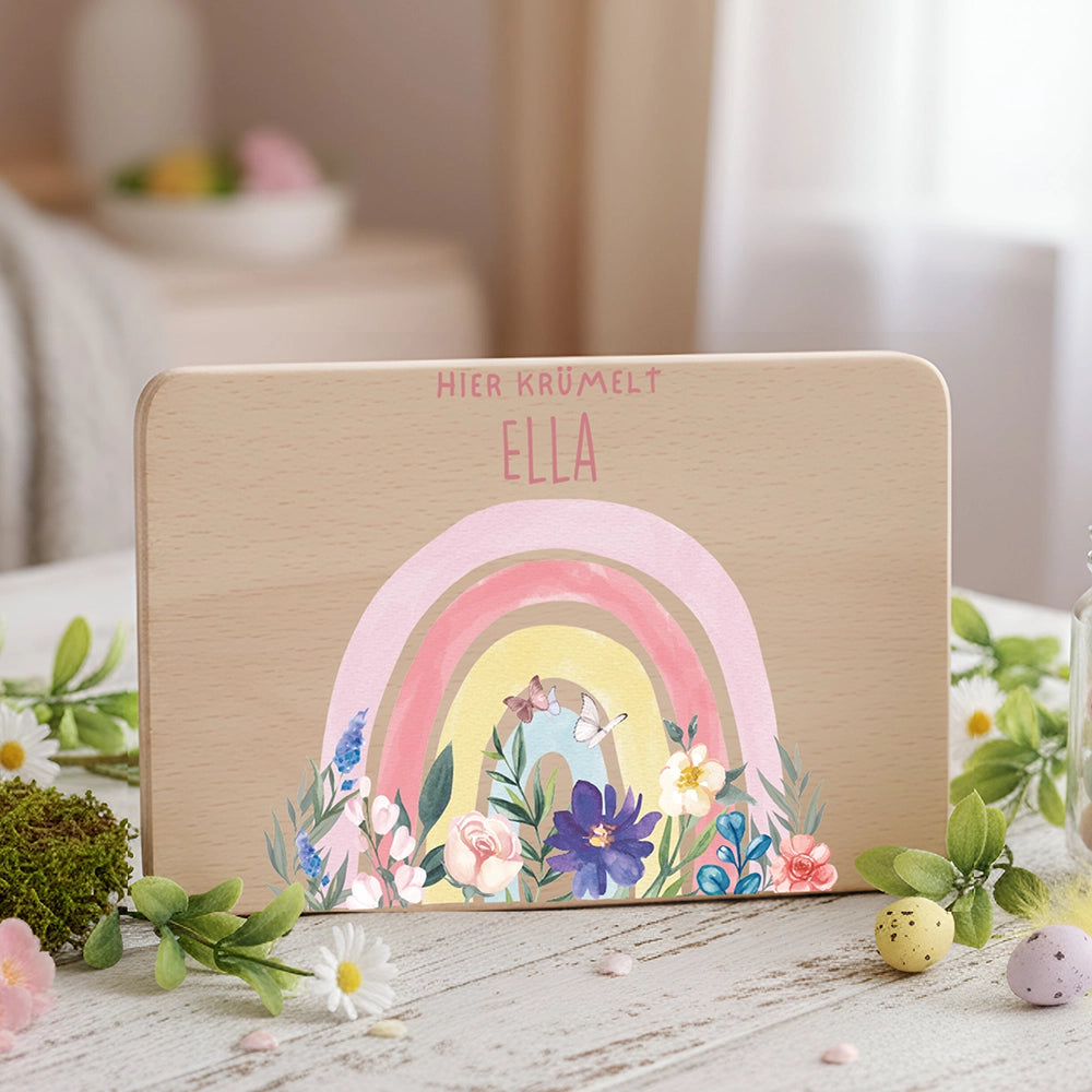 Frühstücksbrettchen Holz personalisiert - Blumen Regenbogen