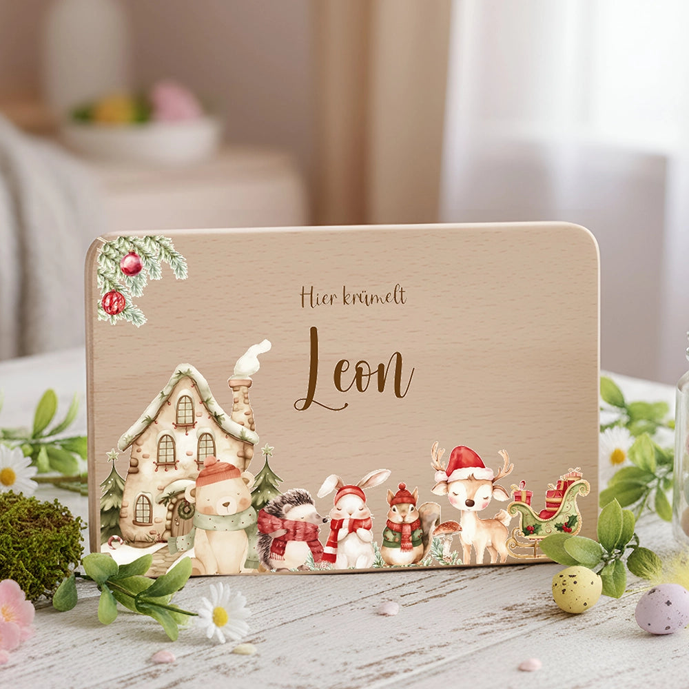 Frühstücksbrettchen Weihnachten Winterdorf mit Tieren - Geschenk Weihnachten