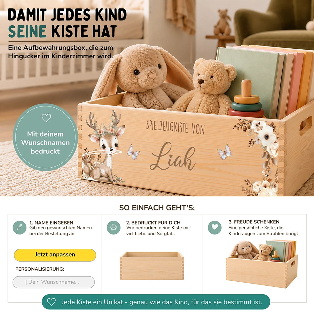 Spielzeugkiste personalisiert mit Namen - Baby Reh