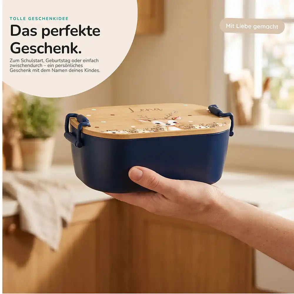 Brotdose Kinder personalisiert Rehkitz Boho, Geschenk zum Schulstart mit Wunschname