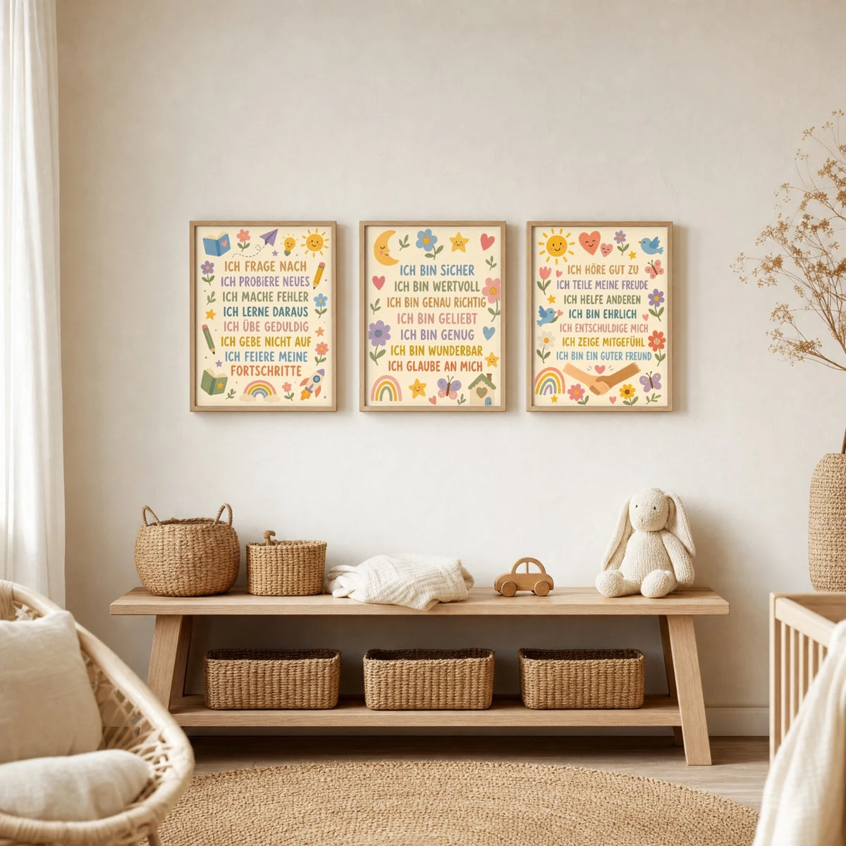 Kinderzimmer Deko: Affirmationsposter âBlumenwiese Ich bin sicherâ zusammen mit weiteren Motiven an der Wand