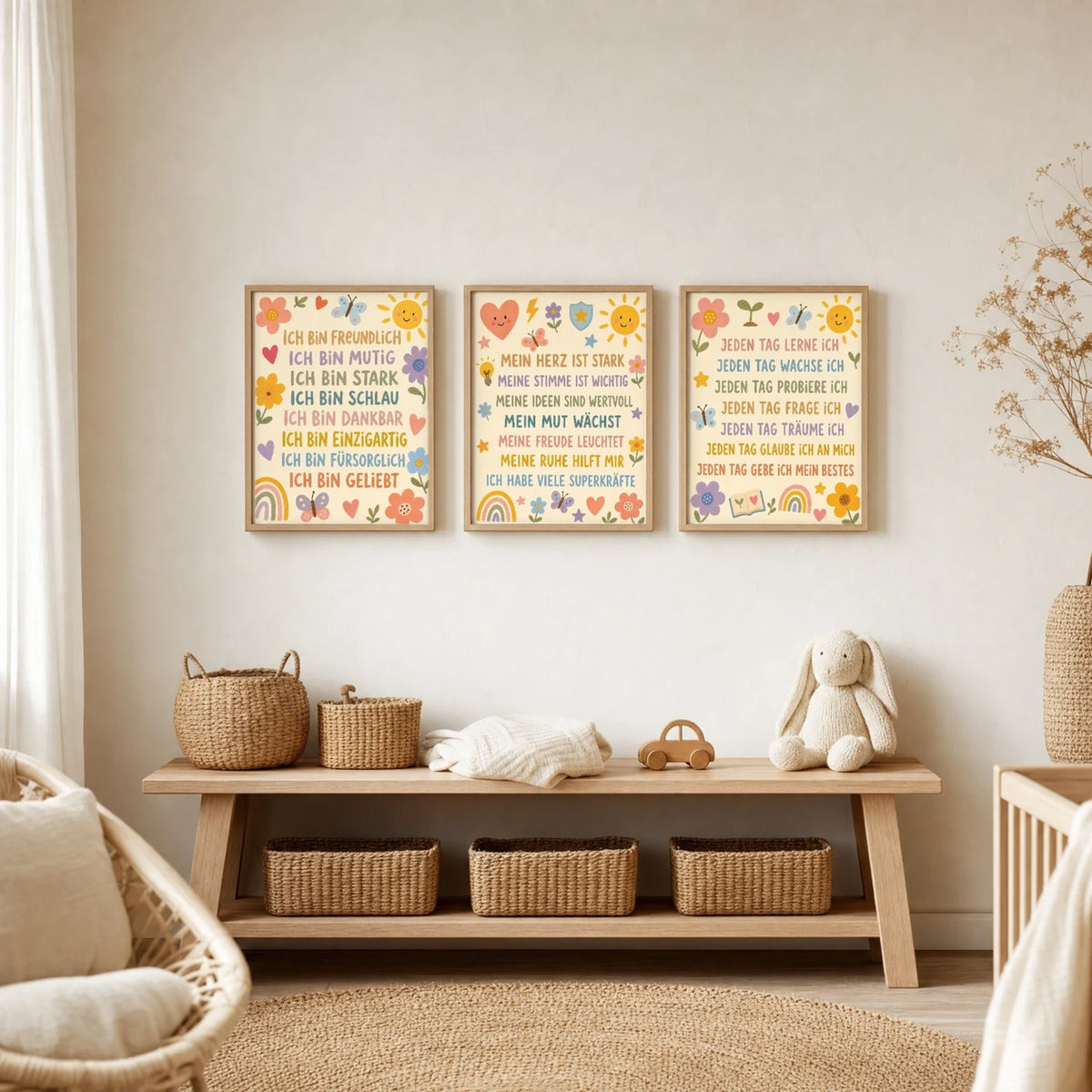 Kinderzimmer Deko: Affirmationsposter âBlumenwiese SuperkrĂ€fteâ zusammen mit weiteren Motiven an der Wand