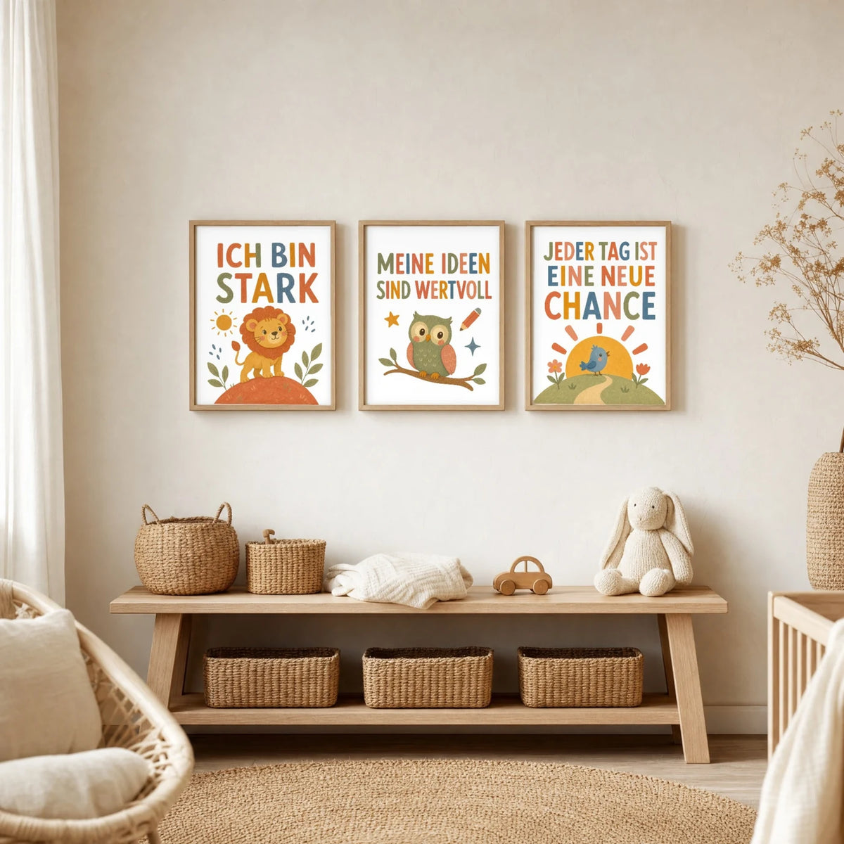 Kinderzimmer Deko: Affirmationsposter âEule Meine Ideen sind wertvollâ zusammen mit weiteren Motiven an der Wand