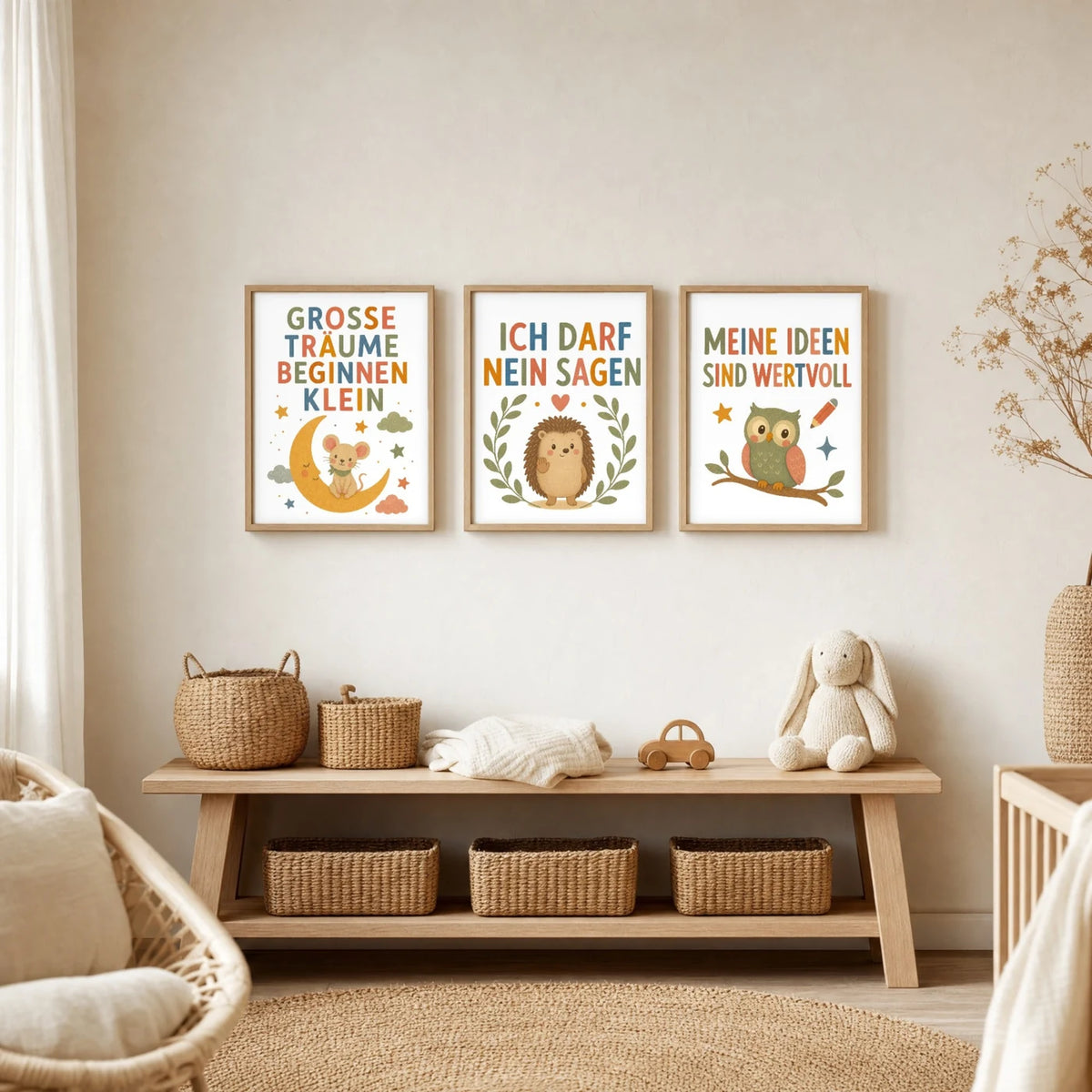 Kinderzimmer Deko: Affirmationsposter âIgel Ich darf nein sagenâ zusammen mit weiteren Motiven an der Wand