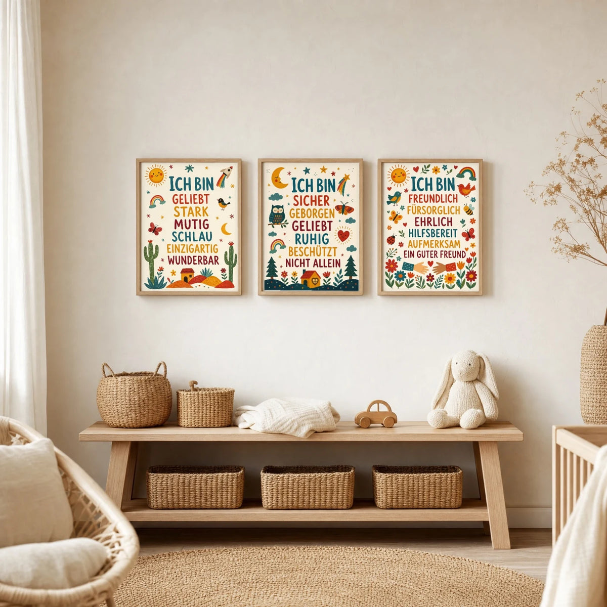 Kinderzimmer Deko: Affirmationsposter âNachthimmel Ich bin sicherâ zusammen mit weiteren Motiven an der Wand