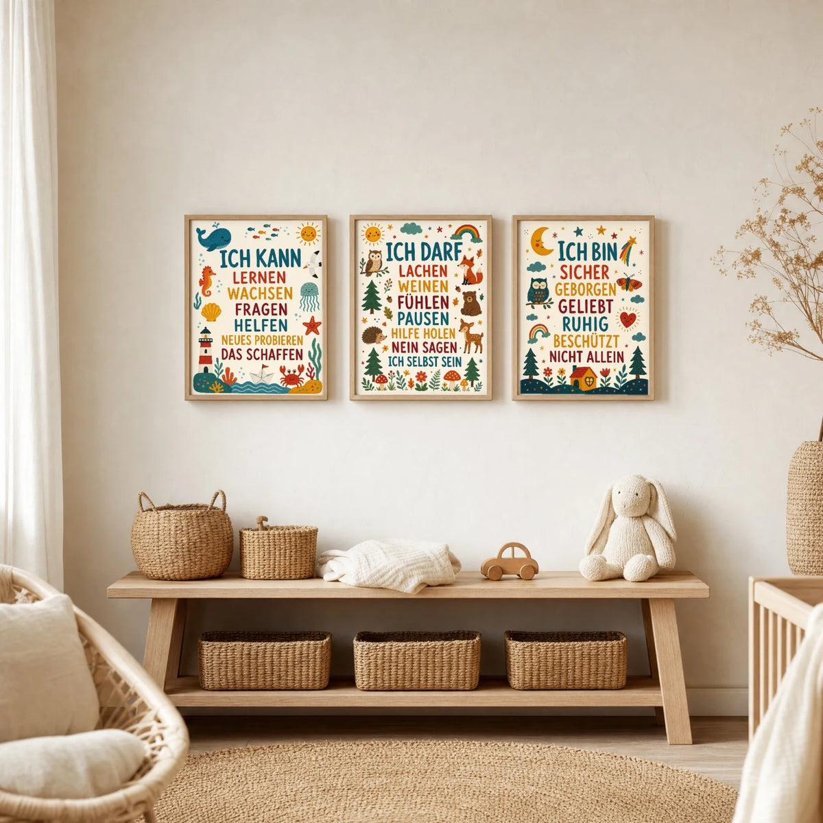 Kinderzimmer Deko: Affirmationsposter âWald Ich darf lachenâ zusammen mit weiteren Motiven an der Wand