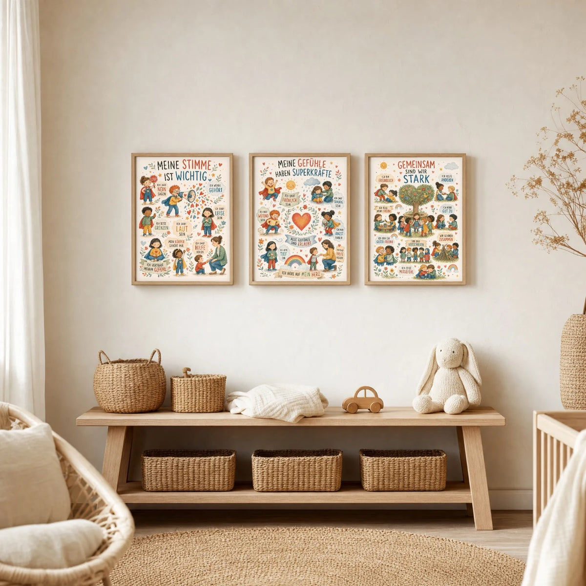 Kinderzimmer Deko: Affirmationsposter „Wimmelbild Gefühle“ zusammen mit weiteren Motiven an der Wand