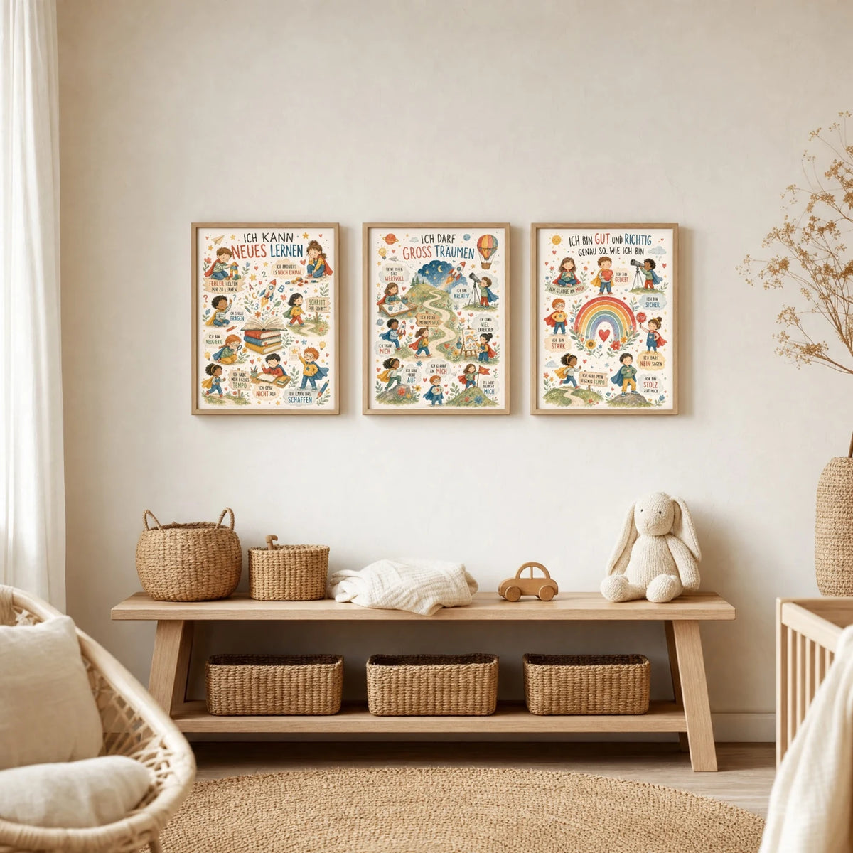 Kinderzimmer Deko: Affirmationsposter âWimmelbild GroĂ trĂ€umenâ zusammen mit weiteren Motiven an der Wand