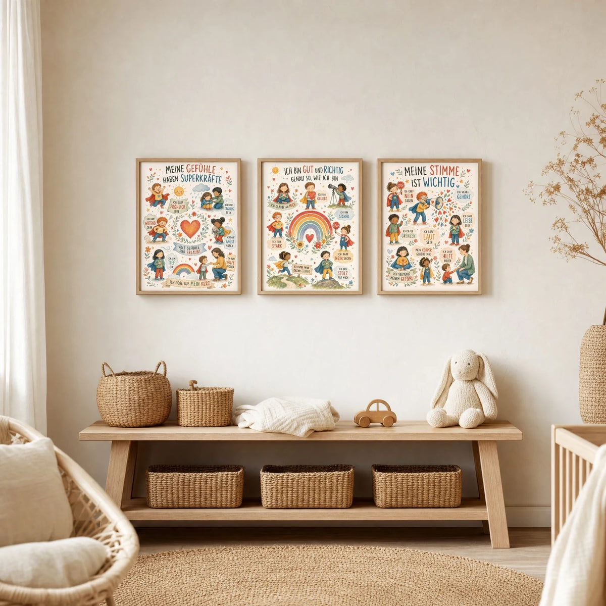Kinderzimmer Deko: Affirmationsposter âIch bin gut und richtigâ zusammen mit weiteren Motiven an der Wand