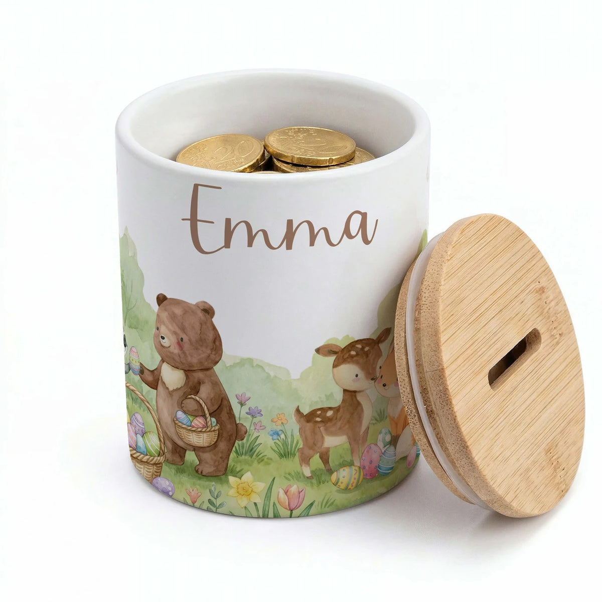 Personalisierte Spardose Ostern BĂ€renfamilie â Keramik & Bambus mit Wunschname