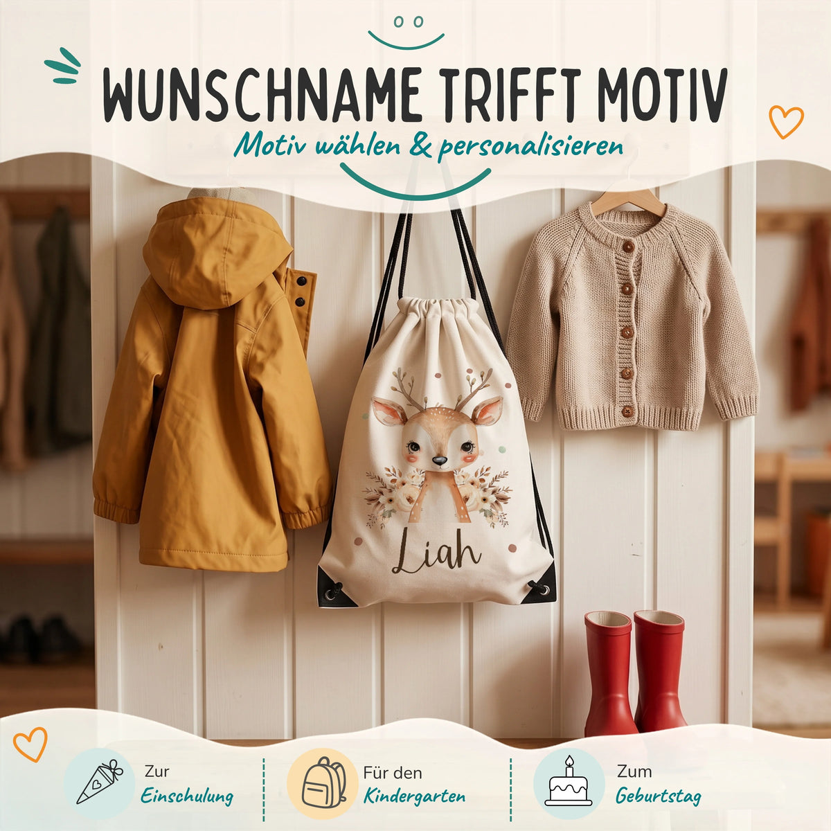 Personalisierter Turnbeutel Baby Reh, Geschenk zur Einschulung, zum Kindergarten und zum Geburtstag