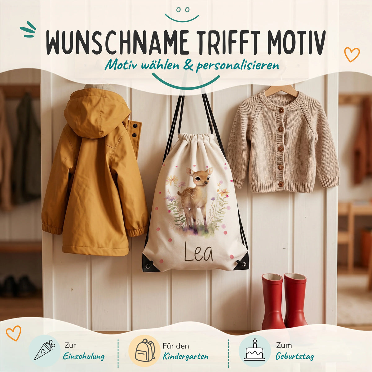 Personalisierter Turnbeutel Reh, Geschenk zur Einschulung, zum Kindergarten und zum Geburtstag