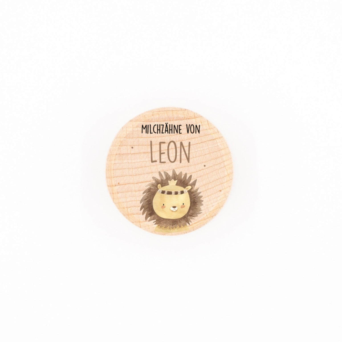 Personalisierte Zahndose aus Holz mit dem Namen Leon und einem süßen Löwenmotiv für Milchzähne.