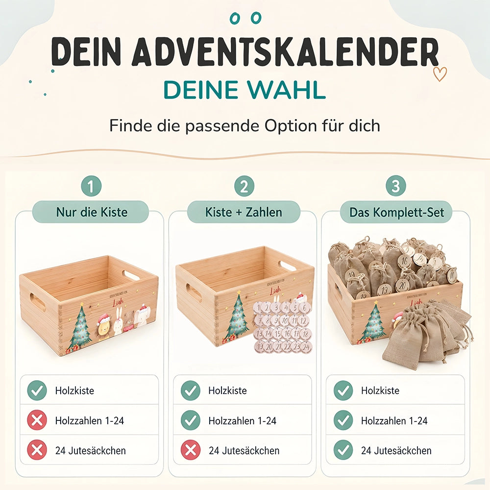 Adventskalender zum Befüllen "Weihnachten mit weihnachtlichem Tiertrio" personalisiert