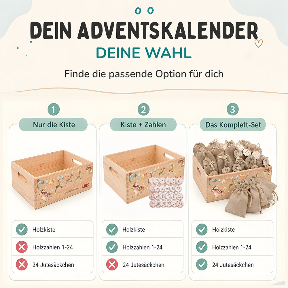 Personalisierter Adventskalender zum Befüllen - Rentier mit Schlitten