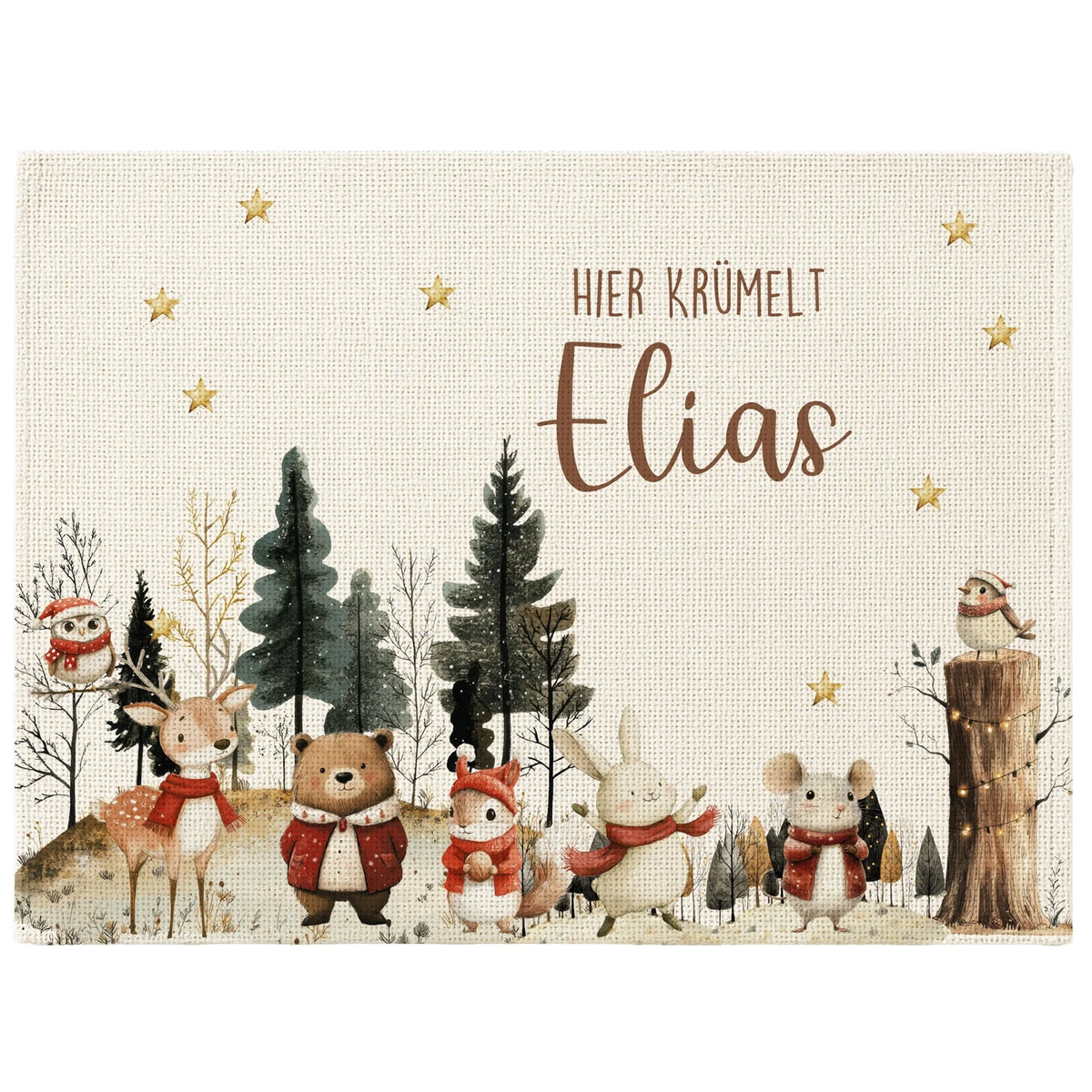 Tischset Kinder personalisiert Weihnachtsmotiv - Festliche Tierchen im Schnee