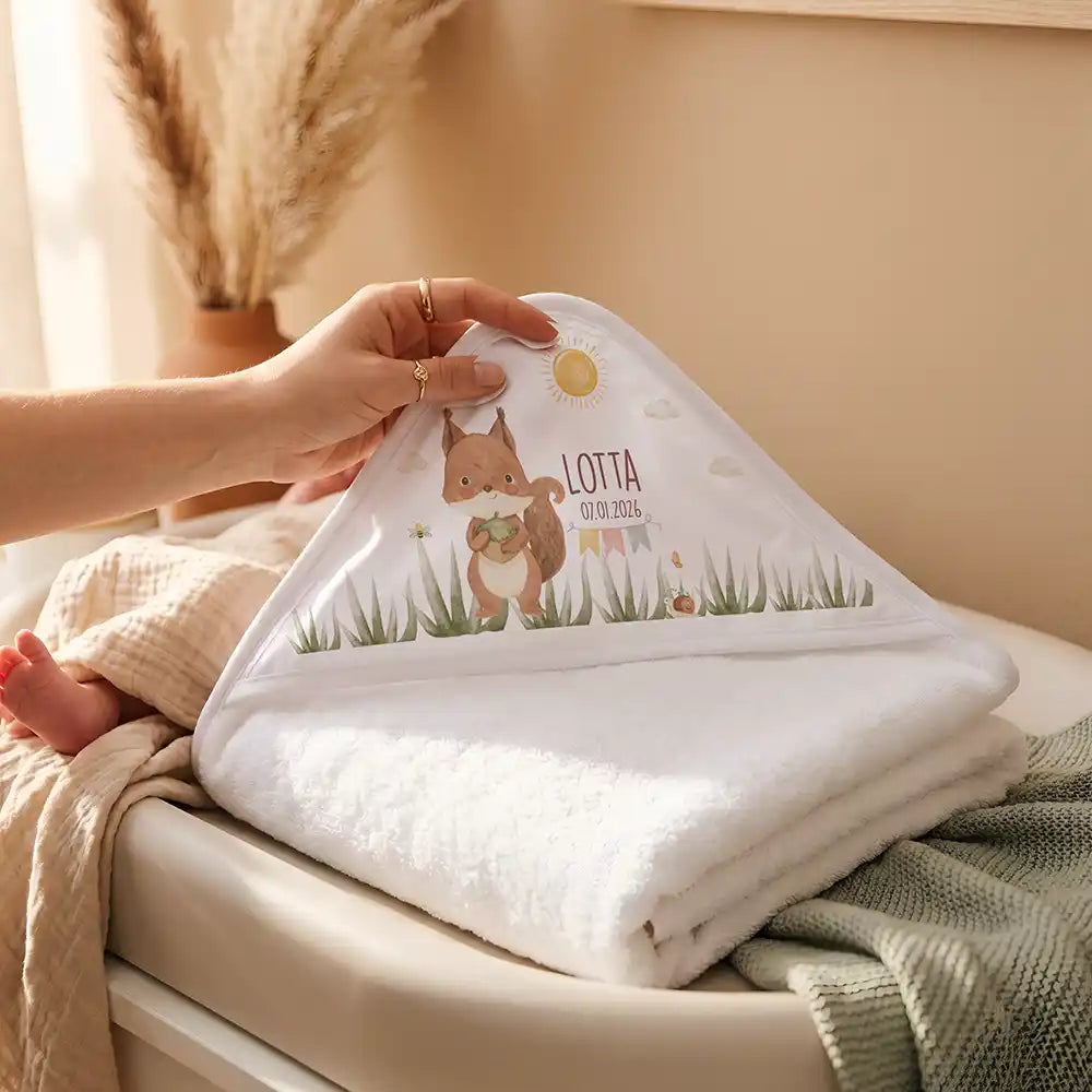 Personalisiertes Kapuzenhandtuch Baby Eichhörnchen Geburt â Detail der bedruckbaren Kapuze