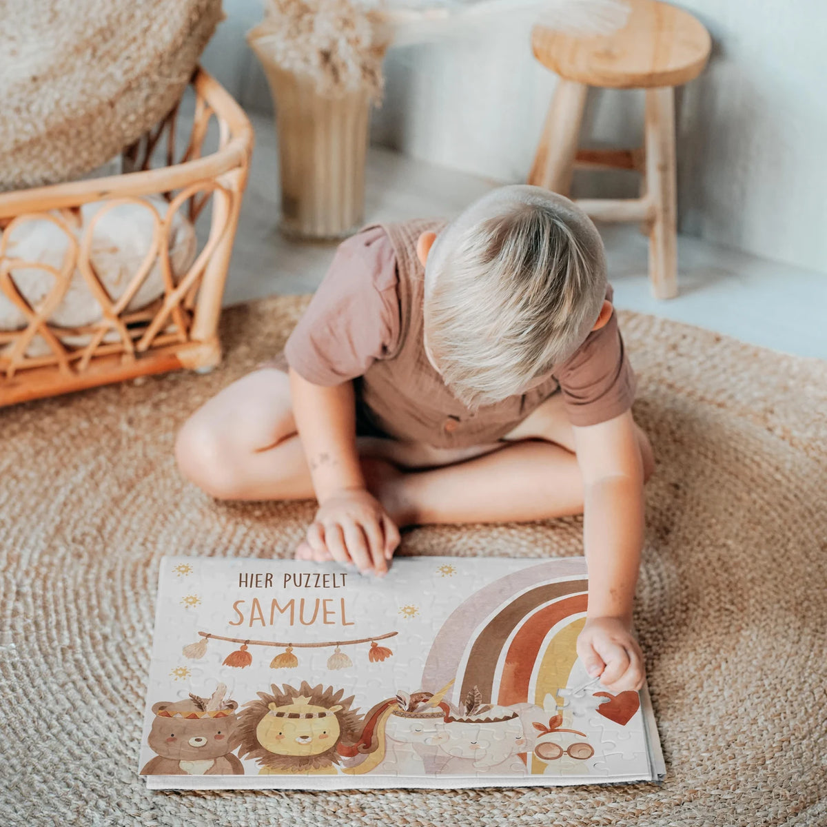 Kinderpuzzle personalisiert mit Namen - Boho Tiere mit Regenbogen