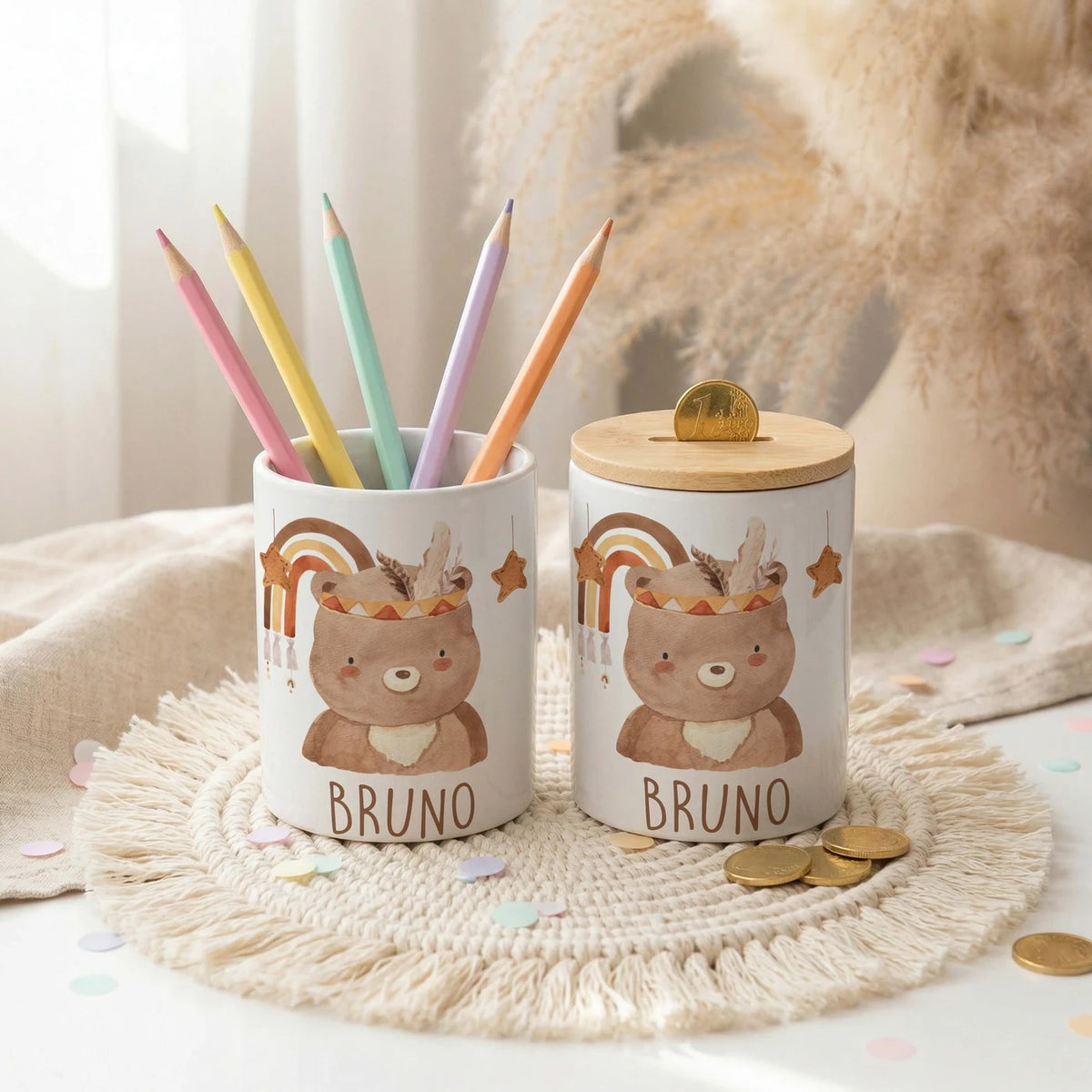 Personalisierte Spardose Boho-BĂ€r â Keramik & Bambus mit Wunschname
