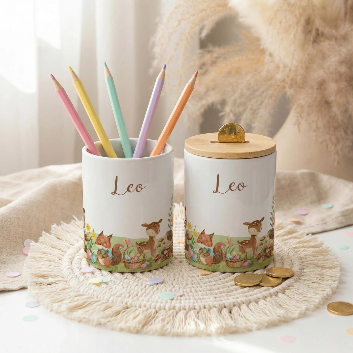 Personalisierte Spardose Ostern Frühlingswiese – Keramik & Bambus mit Wunschname