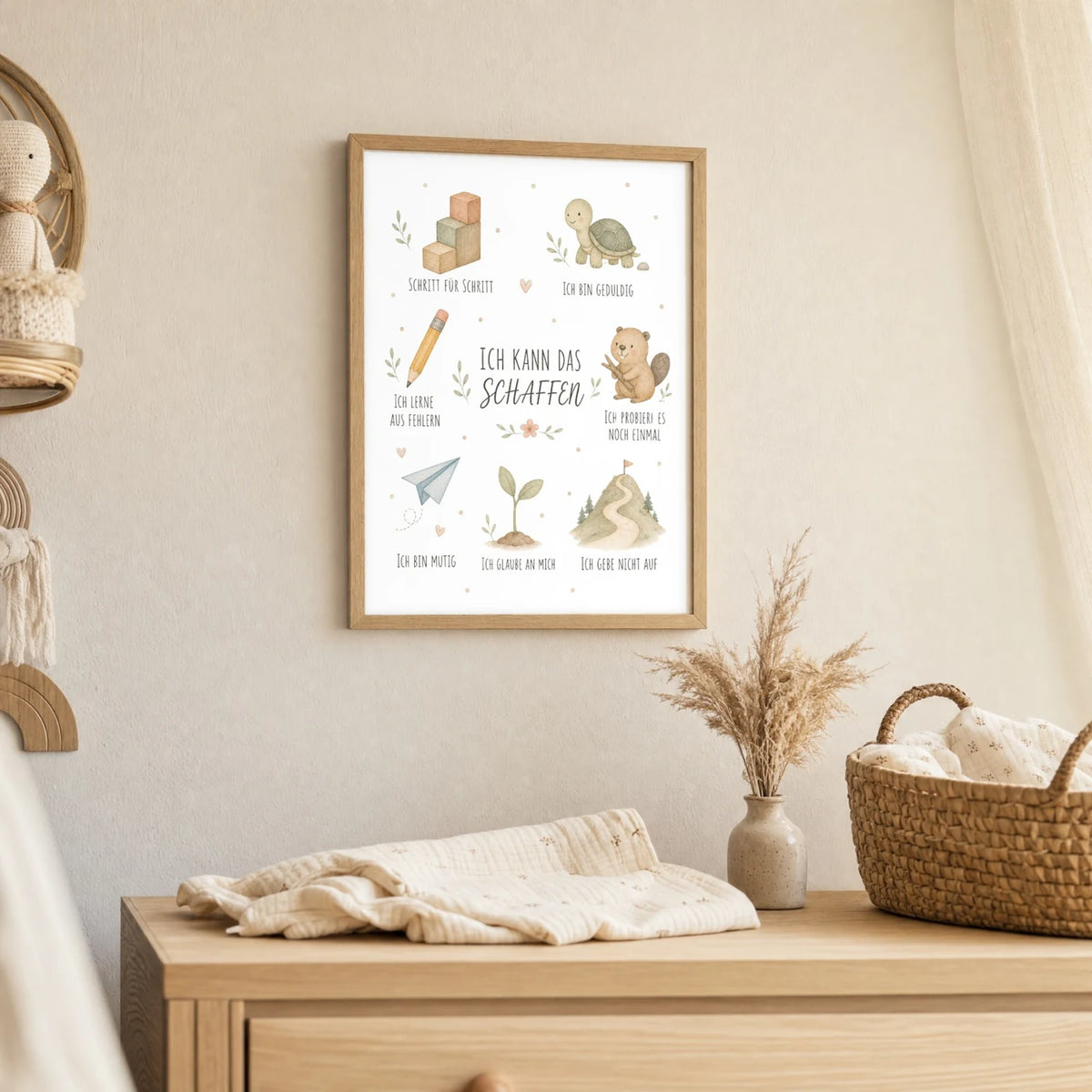 Wandbild Kinderzimmer: Affirmationsposter âCollage Ich kann das schaffenâ im Holzrahmen ĂŒber der Kommode