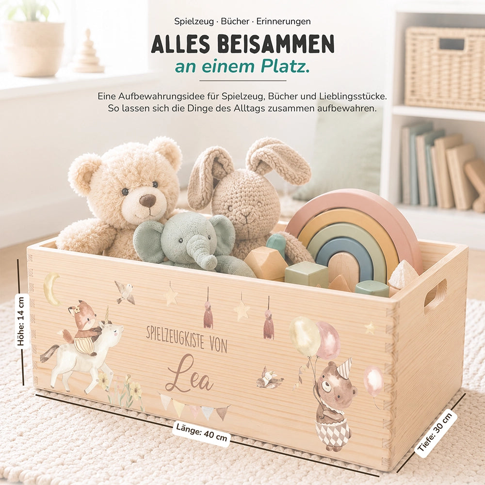 Spielzeugkiste personalisiert mit Namen - Regenbogen Fantasiewelt