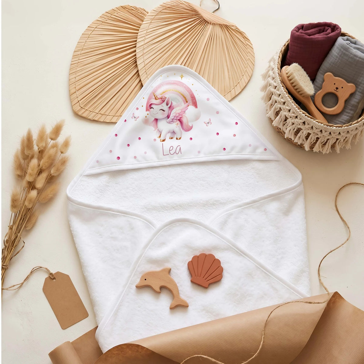 Personalisiertes Kapuzenhandtuch Baby – Einhorn Rosa