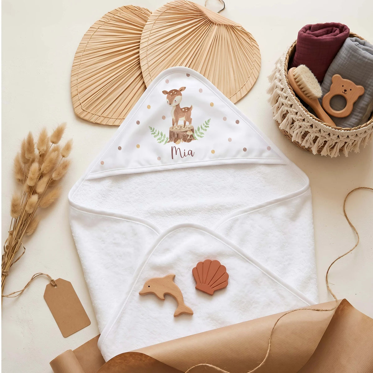 Personalisiertes Kapuzenhandtuch Baby â Reh Baumstumpf