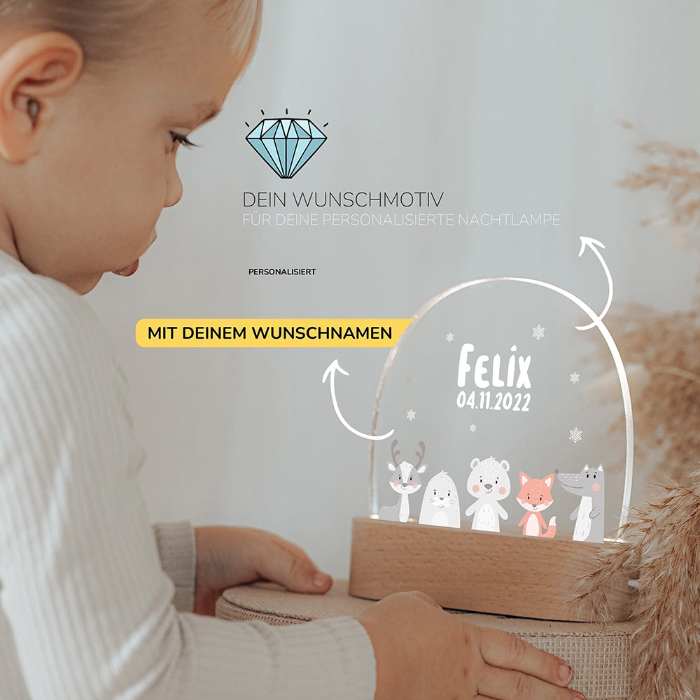 Kleinkind mit Nachtlicht Tiere mit Wunschnamen – Babygeschenk personalisiert