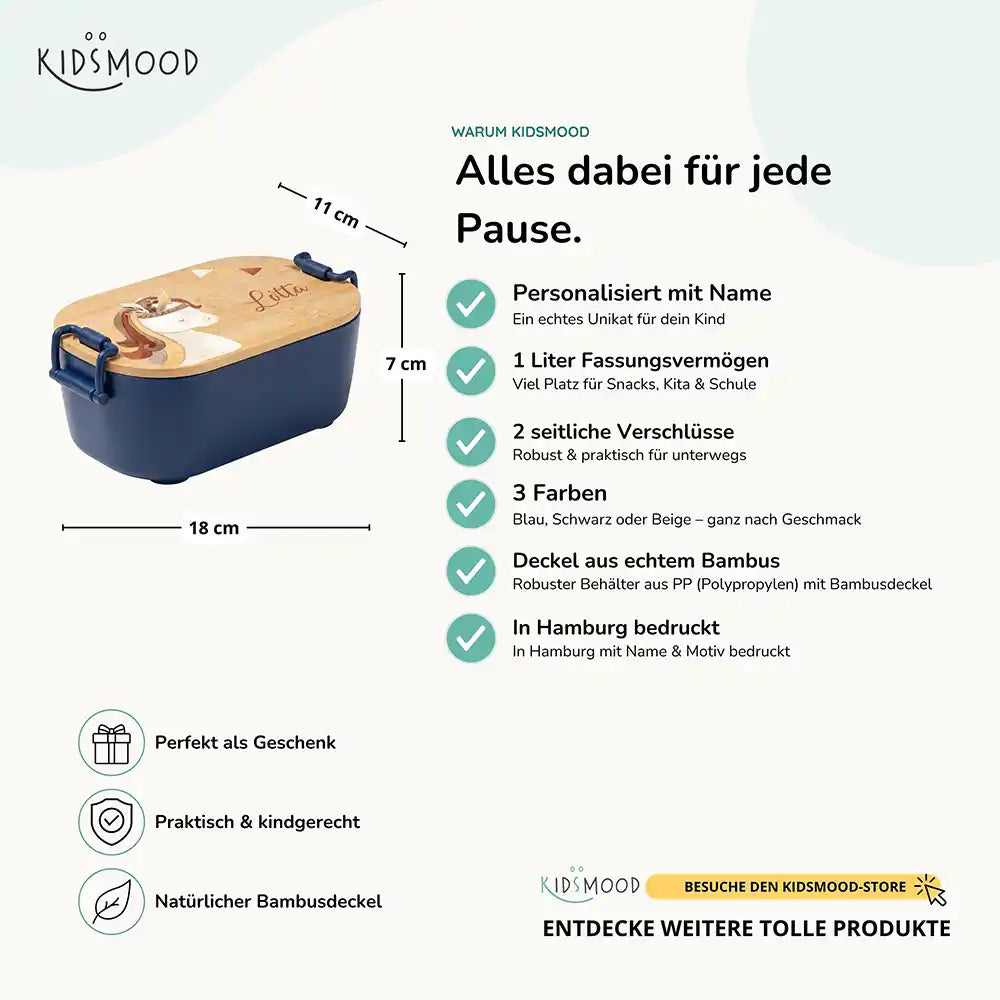 Brotdose Kinder personalisiert Einhorn Boho, Bambusdeckel mit Wunschname Detail