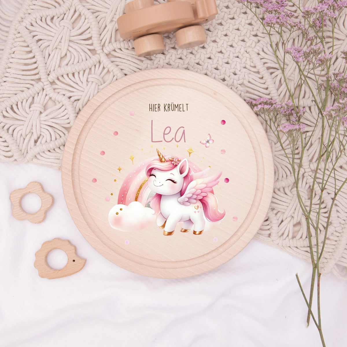 Rundes personalisiertes Frühstücksbrettchen Einhorn mit Namen für Kinder