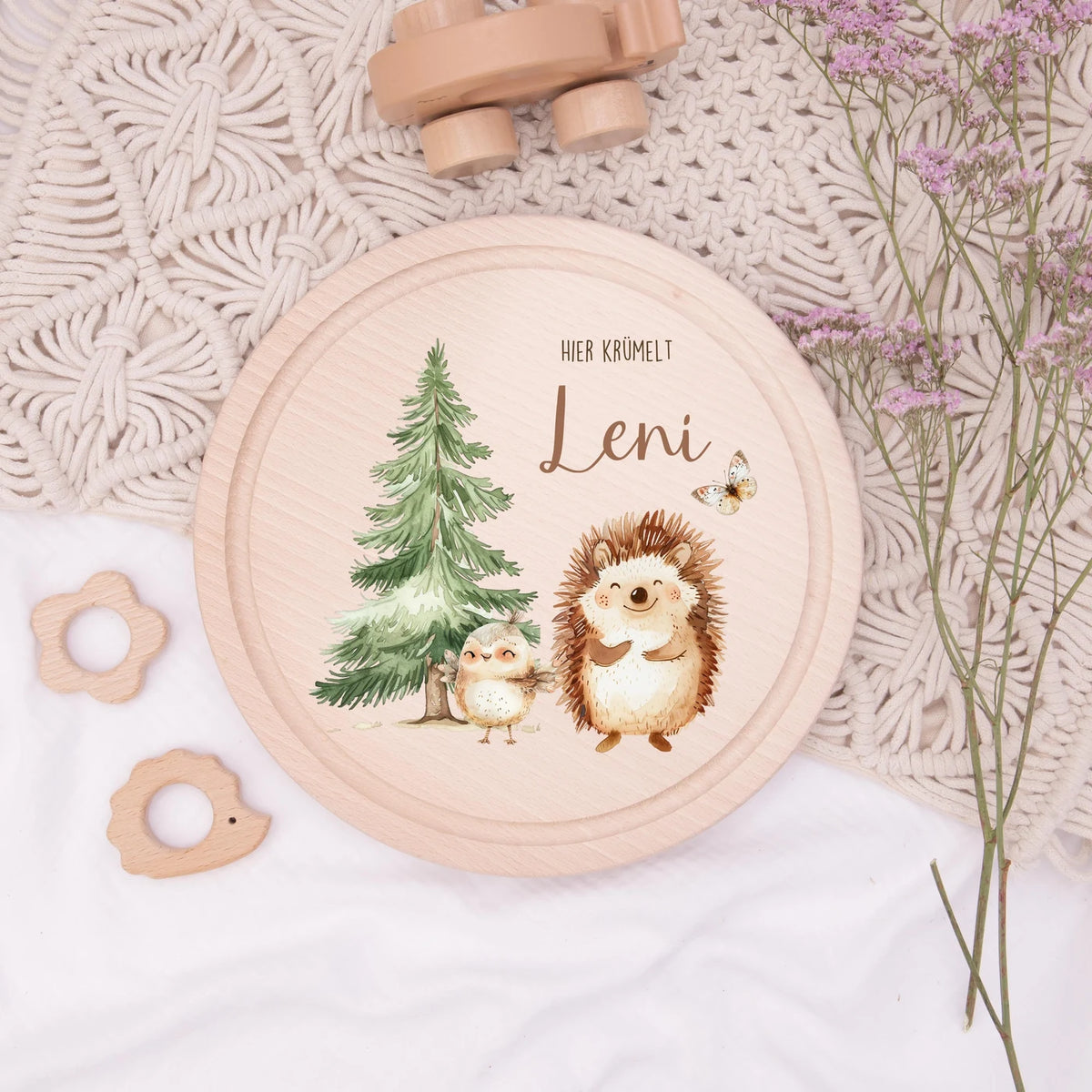 Rundes personalisiertes Frühstücksbrettchen Igel mit Namen für Kinder