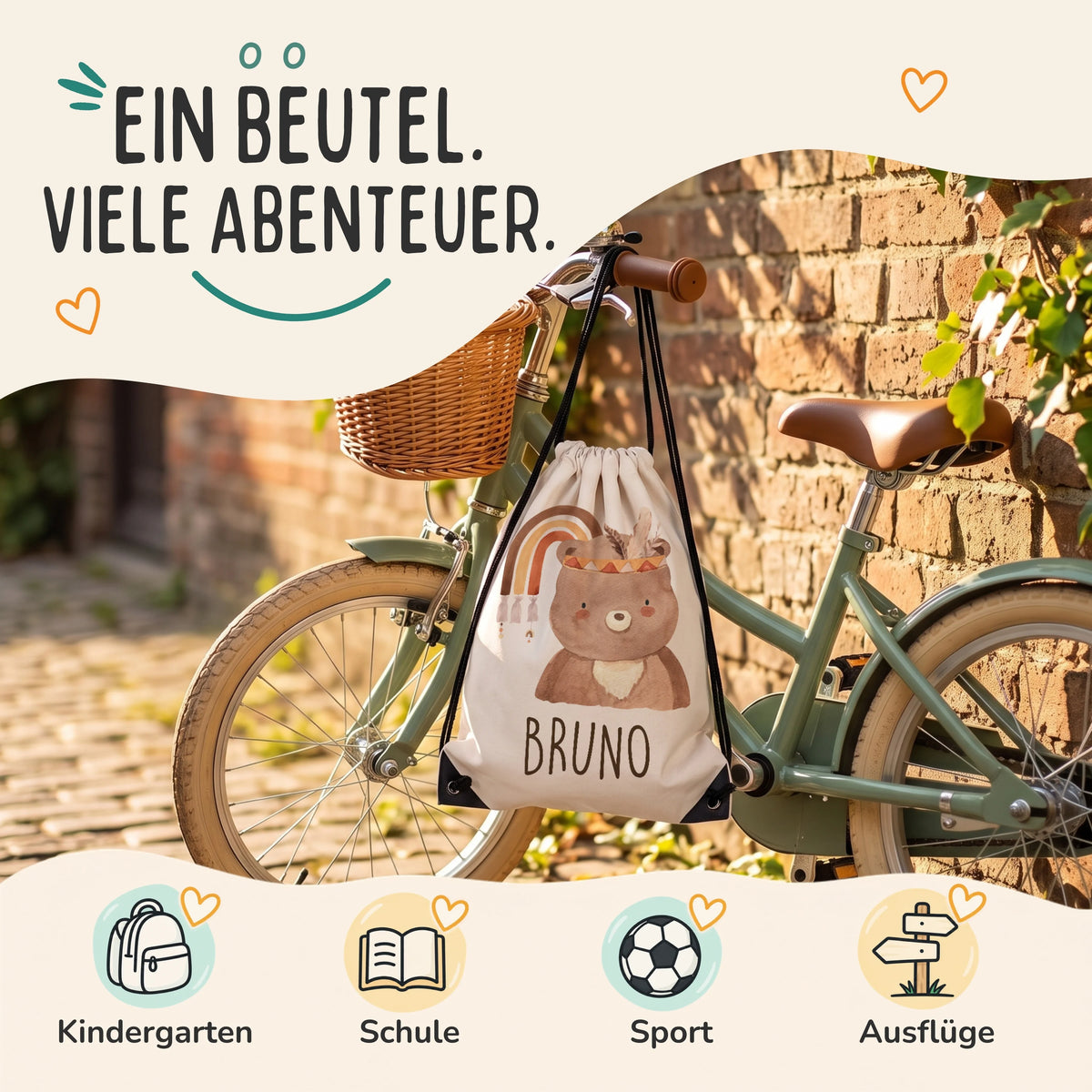 Personalisierter Turnbeutel BĂ€r mit Regenbogen, Sportbeutel fĂŒr Kindergarten, Schule, Sport und AusflĂŒge