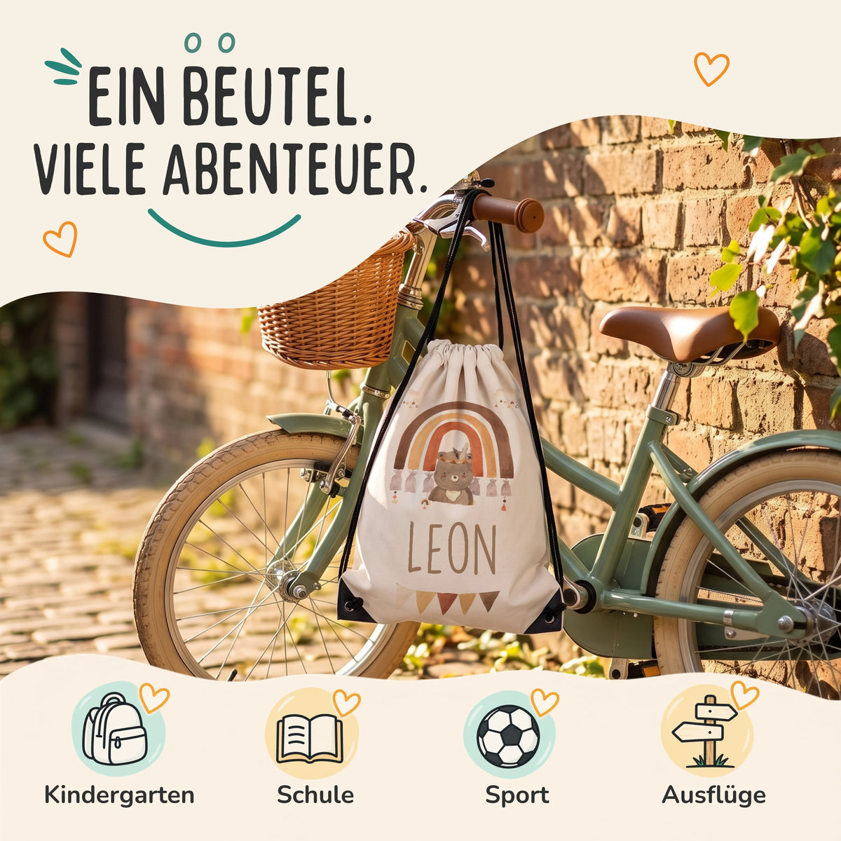Personalisierter Turnbeutel Boho BĂ€r Regenbogen, Sportbeutel fĂŒr Kindergarten, Schule, Sport und AusflĂŒge
