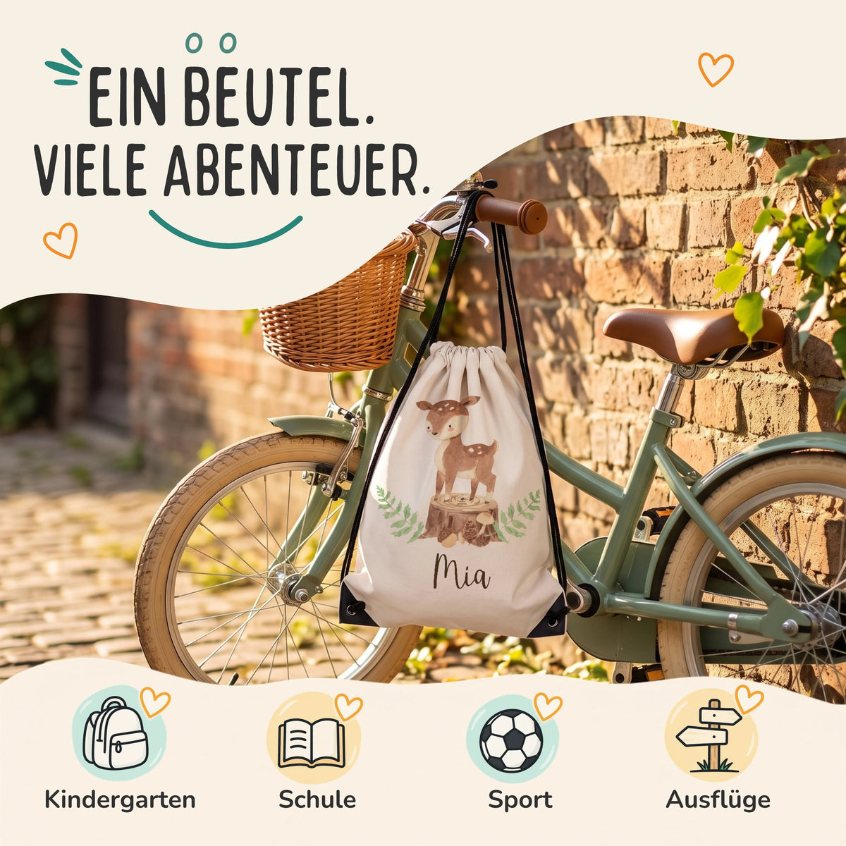 Personalisierter Turnbeutel Reh Waldtiere, Sportbeutel für Kindergarten, Schule, Sport und Ausflüge
