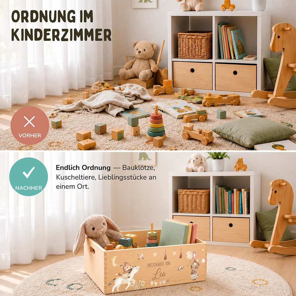 Spielzeugkiste personalisiert mit Namen - Regenbogen Fantasiewelt