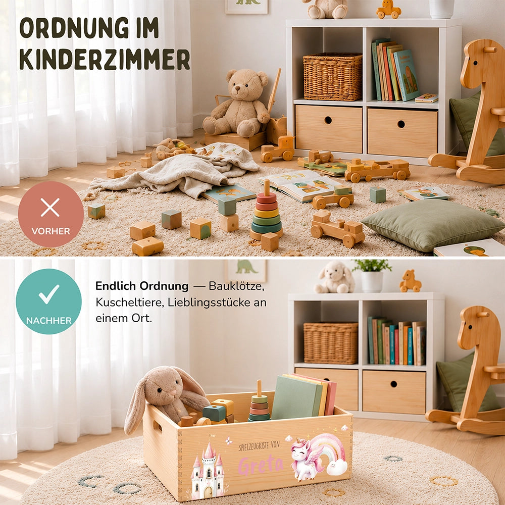 Spielzeugkiste personalisiert mit Namen - Einhorn Zauberwelt