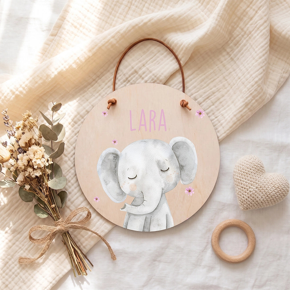 Türschild Kinderzimmer personalisiert mit Name Elefant mit Blüten