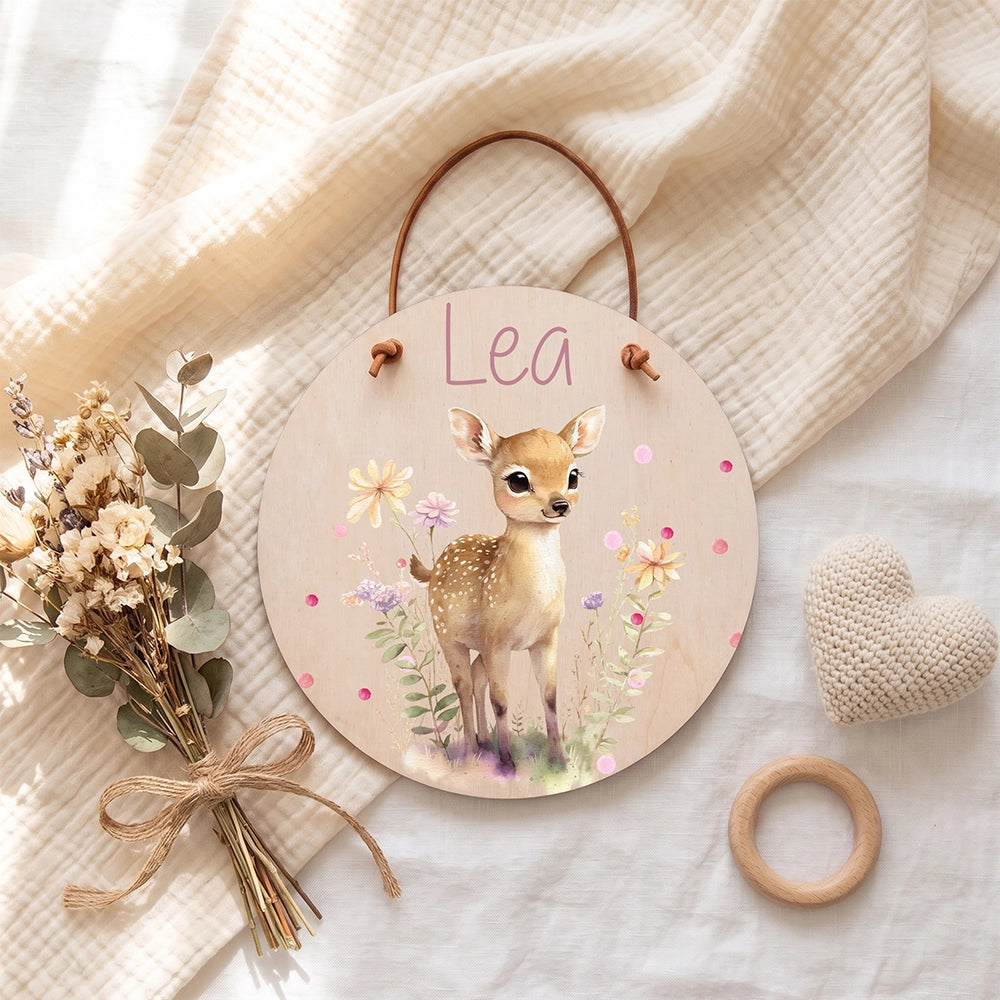 Türschild Kinderzimmer personalisiert mit Name Reh mit Wildblumen