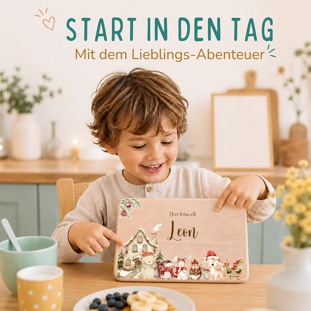 Frühstücksbrettchen Weihnachten Winterdorf mit Tieren - Geschenk Weihnachten