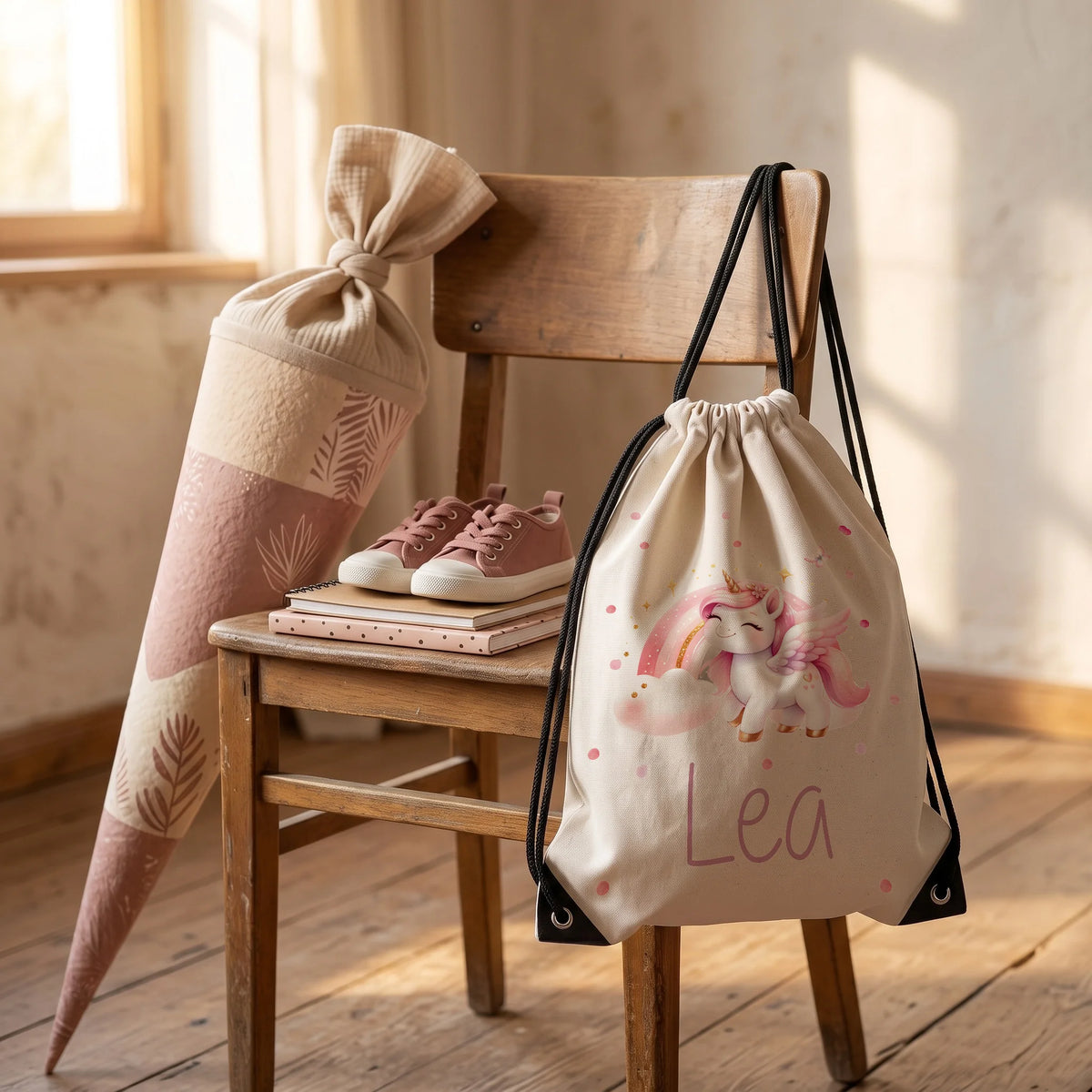 Personalisierter Turnbeutel Zauberhaftes Einhorn, Geschenkidee zur Einschulung neben der SchultĂŒte