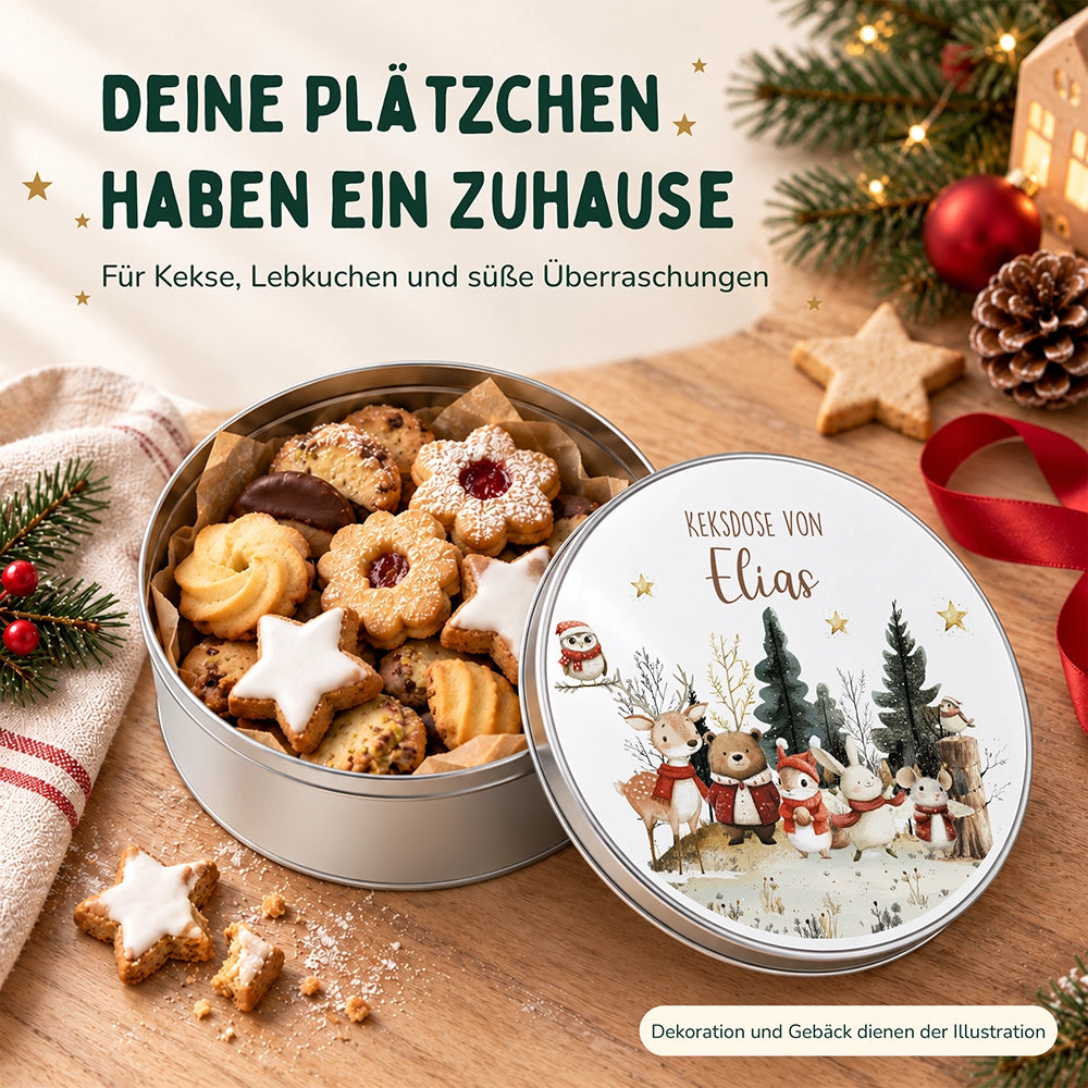 Keksdose aus Metall personalisiert - Weihnachtsfreunde im Schnee