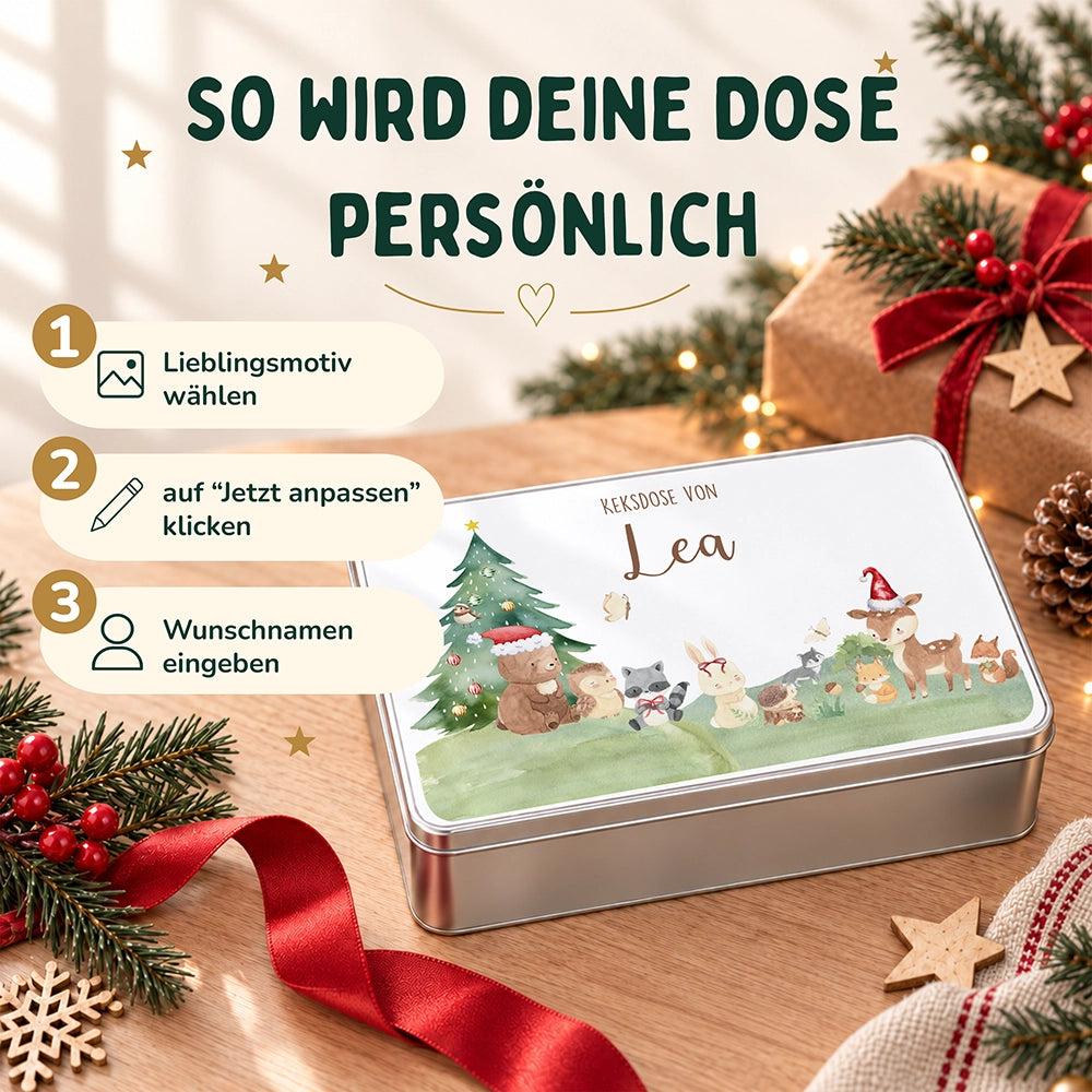 Keksdose aus Metall personalisiert - Kleine Waldbewohner im Weihnachtsglanz
