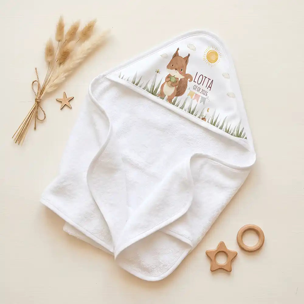 Personalisiertes Kapuzenhandtuch Baby Eichhörnchen Geburt â Set fĂŒr Zwillinge im Rattan-Look